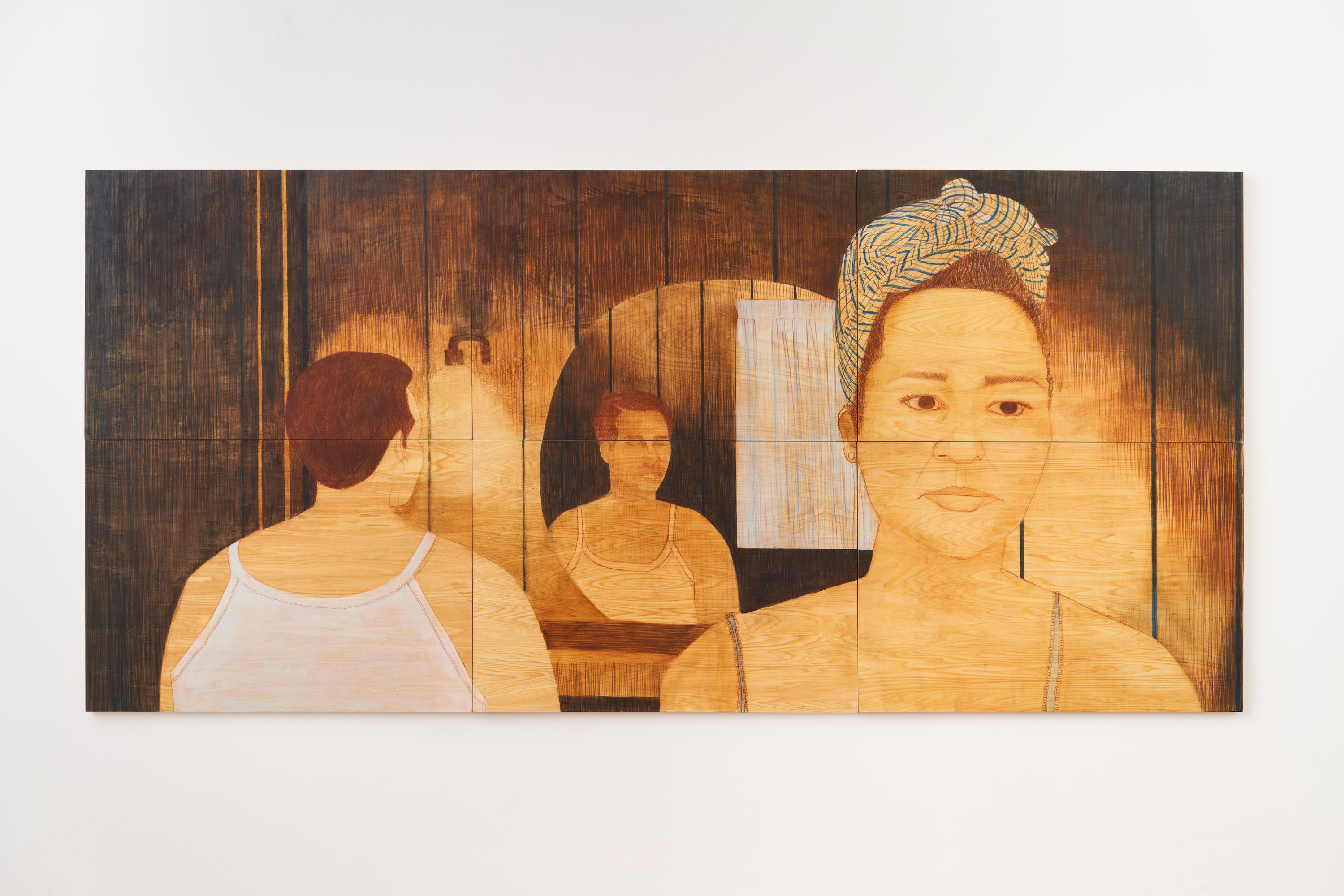 A large painting made up of panels, showing two figures, one, a manm is depcited from behind looking in a circular mirror, wearing a white undershirt. In the foreground of the image a woman is depicted in a slip and her hair wrapped in a textile with a blue geometric pattering. The room the figures stand in consist of dark brown, wooden planks.