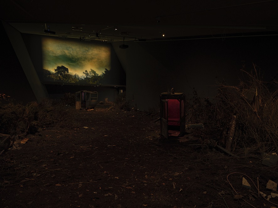 A pitch-black space with a distant screen showing an image of a yellow and grey sky above a grove of trees. In the foreground, the contours of wooden furnture and dirt are barely visible.