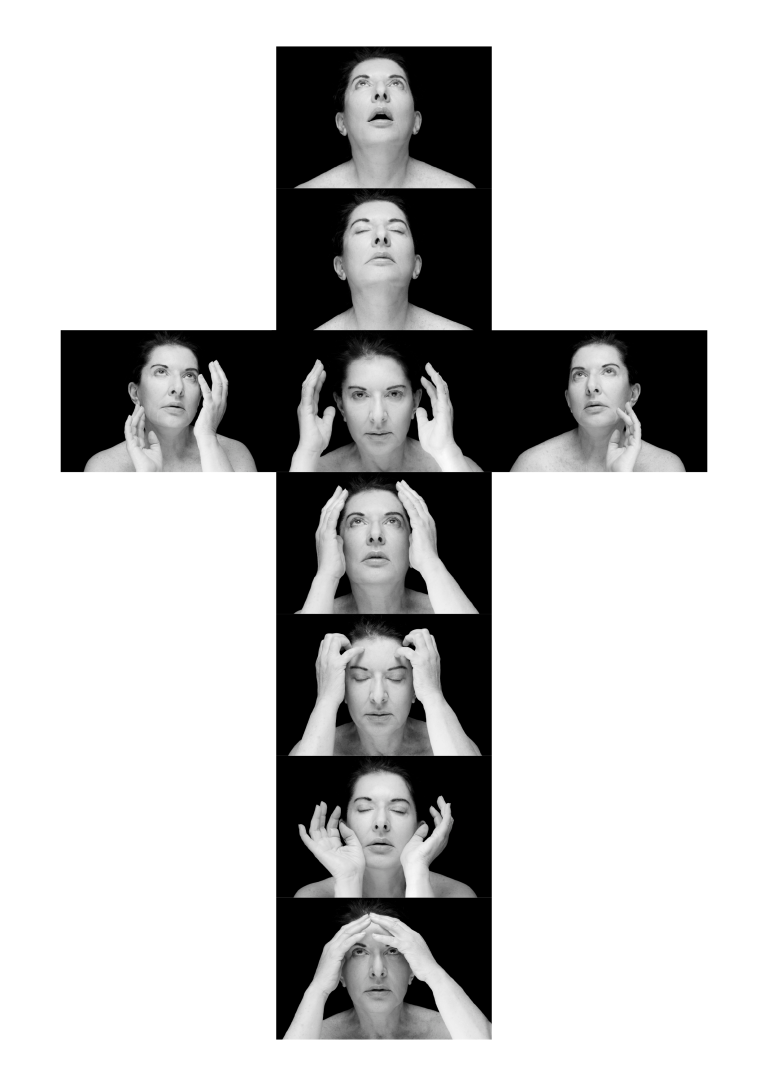 An image of 9 small photographs organized in the shape of a cross. Each image shows the same woman in close-up, making various facial expressions of concentration, determination and ecstacy.