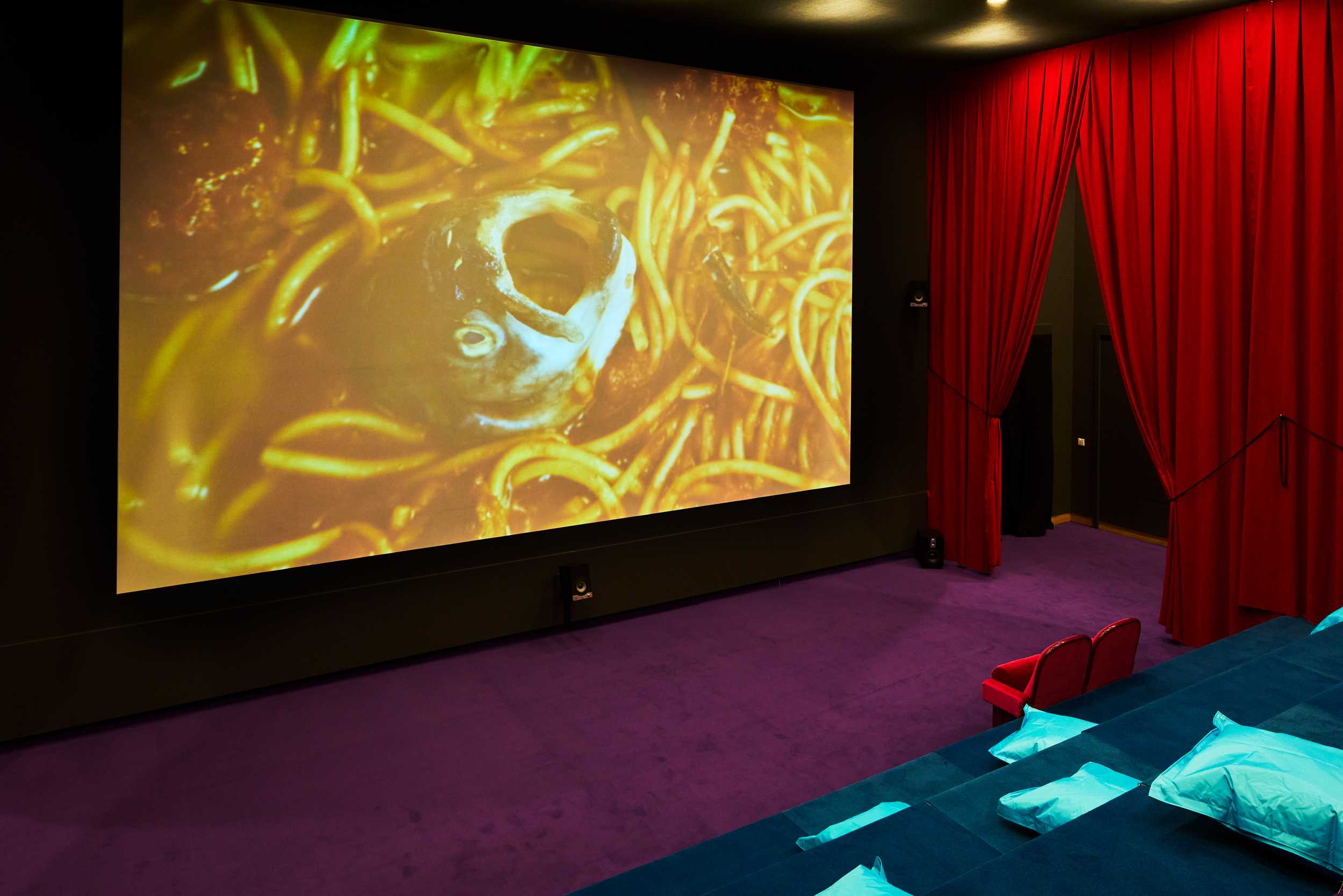 A theatre with bright carpet and pillows. On the screen is a video still showing a dead fish surging out of a pot of spaghetti and meatballs.