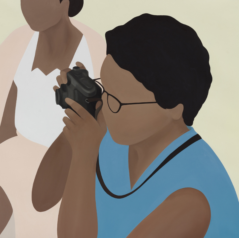 A close-up of a painting of two figures in profile. In the foreground a figure with short-cropped back hair, glasses and a light-blue blouse looks through a camera viewfinder. In the background a seated figure in a light pink suit, with hair gathered at the neck looks into the distance. Both figures are rendered without facial features.