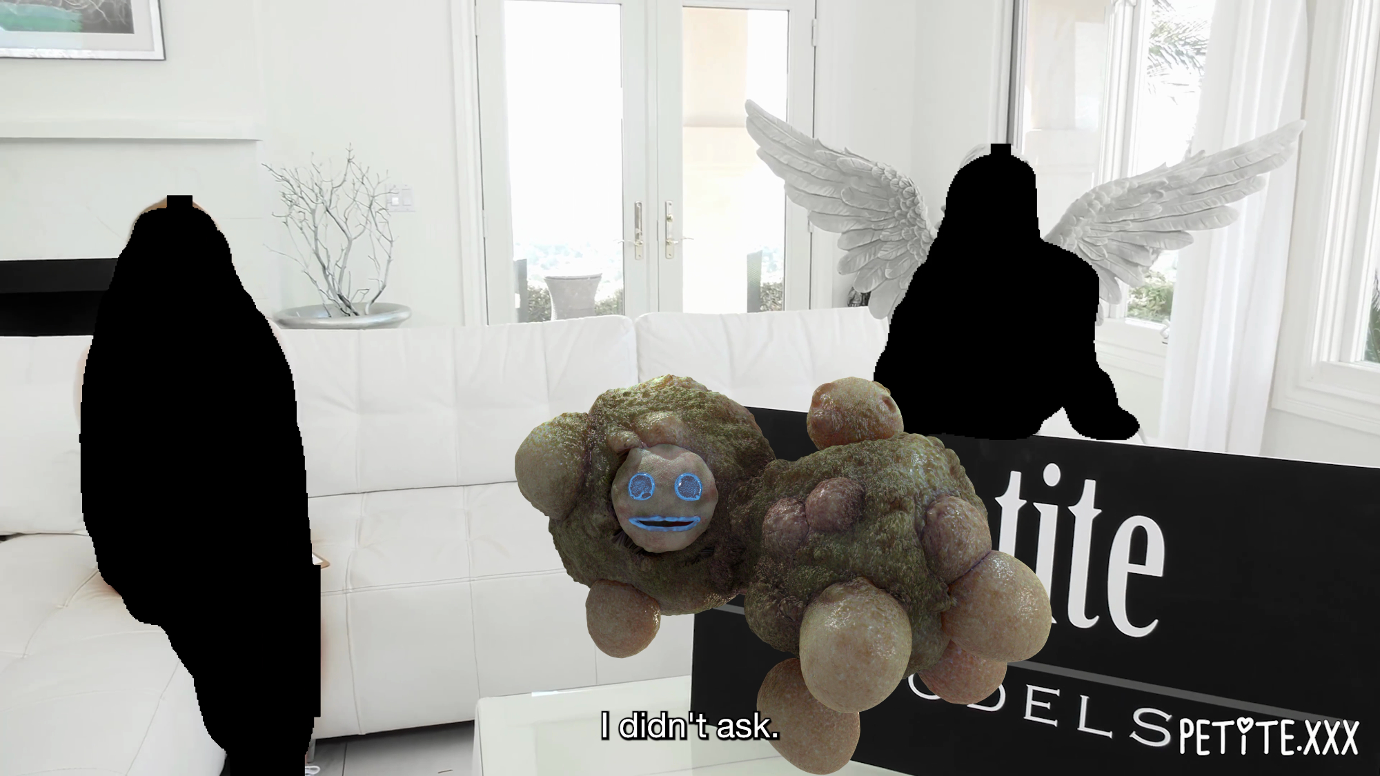 A contemporary living room featuring a large white sectional sofa atop which feature two seated figures, censored by large black watermarks. In the foreground of the image a digitally-rendered bulbous entity with a face.